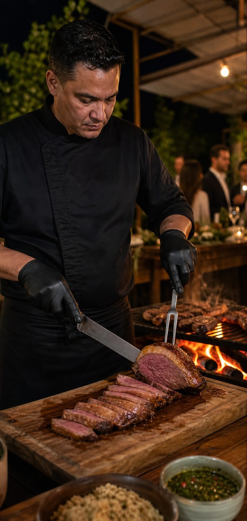 Churrasqueiro profissional preparando picanha em um evento